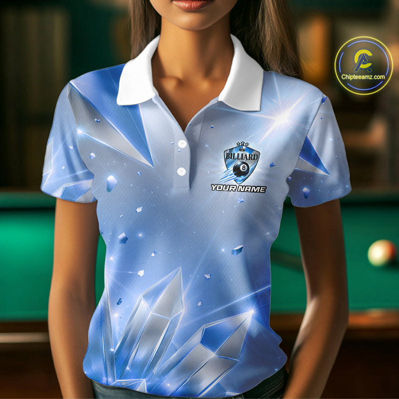 Womens Blue Diamond Crystal 8 Ball Pool Billiard Shirt Custom Name Billiard League Shirt For Team NYN4228