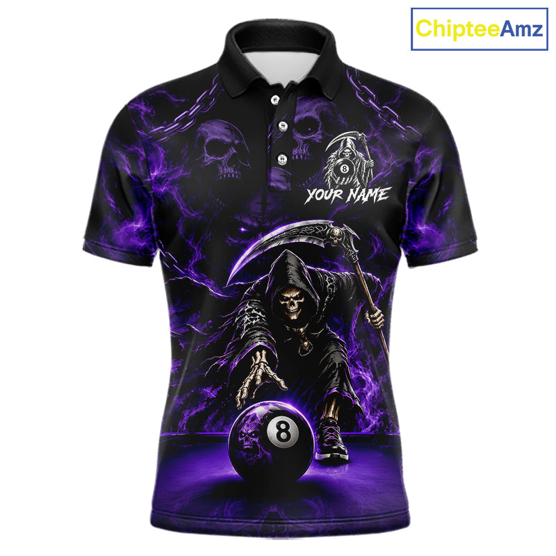 Grim Reaper Billiard Shirt For Men Purple Smoke 8 Ball Pool Jersey Custom Name Skull Billiard Shirt NYN4234