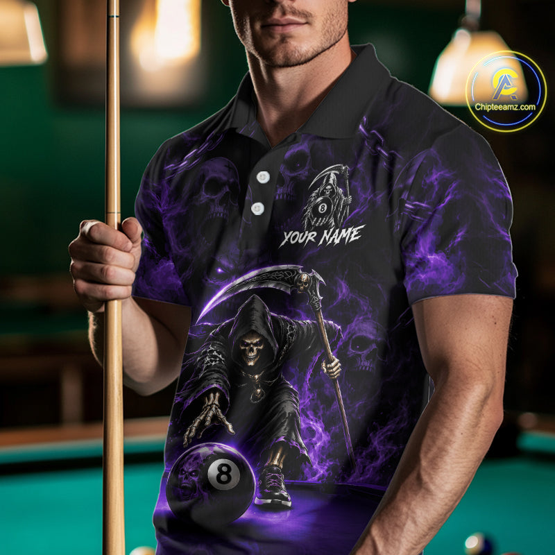 Grim Reaper Billiard Shirt For Men Purple Smoke 8 Ball Pool Jersey Custom Name Skull Billiard Shirt NYN4234