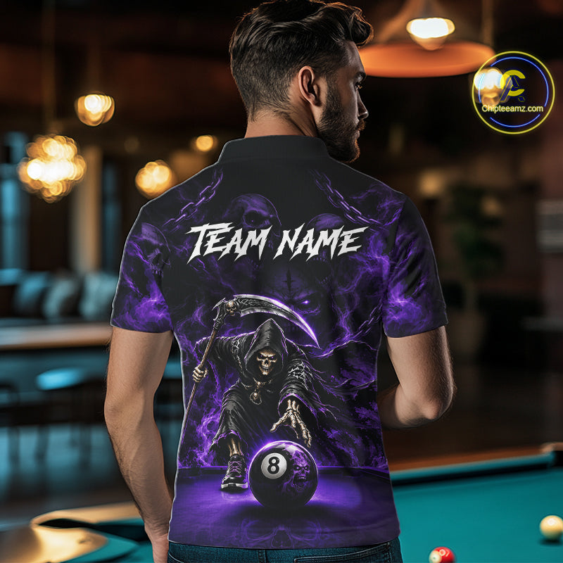 Grim Reaper Billiard Shirt For Men Purple Smoke 8 Ball Pool Jersey Custom Name Skull Billiard Shirt NYN4234