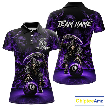 Grim Reaper Billiard Shirt For Women Purple Smoke 8 Ball Pool Jersey Custom Name Skull Billiard Shirt NYN4234