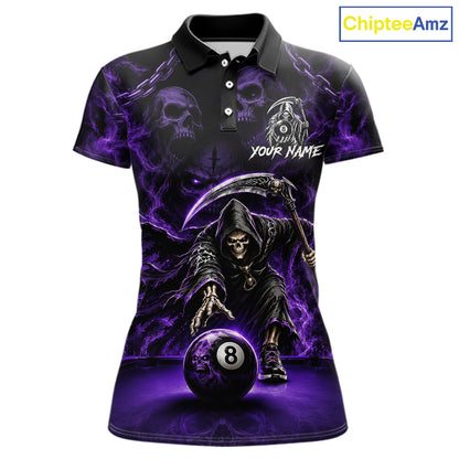 Grim Reaper Billiard Shirt For Women Purple Smoke 8 Ball Pool Jersey Custom Name Skull Billiard Shirt NYN4234