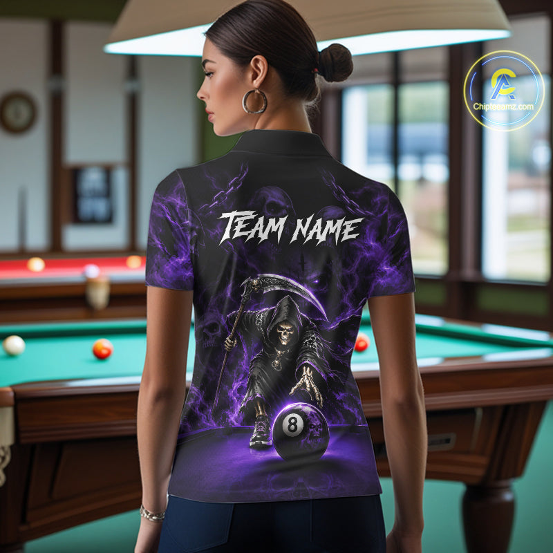 Grim Reaper Billiard Shirt For Women Purple Smoke 8 Ball Pool Jersey Custom Name Skull Billiard Shirt NYN4234