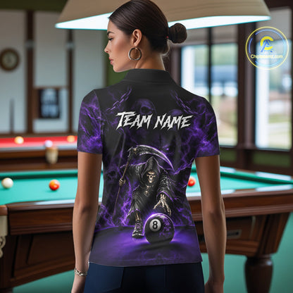 Grim Reaper Billiard Shirt For Women Purple Smoke 8 Ball Pool Jersey Custom Name Skull Billiard Shirt NYN4234