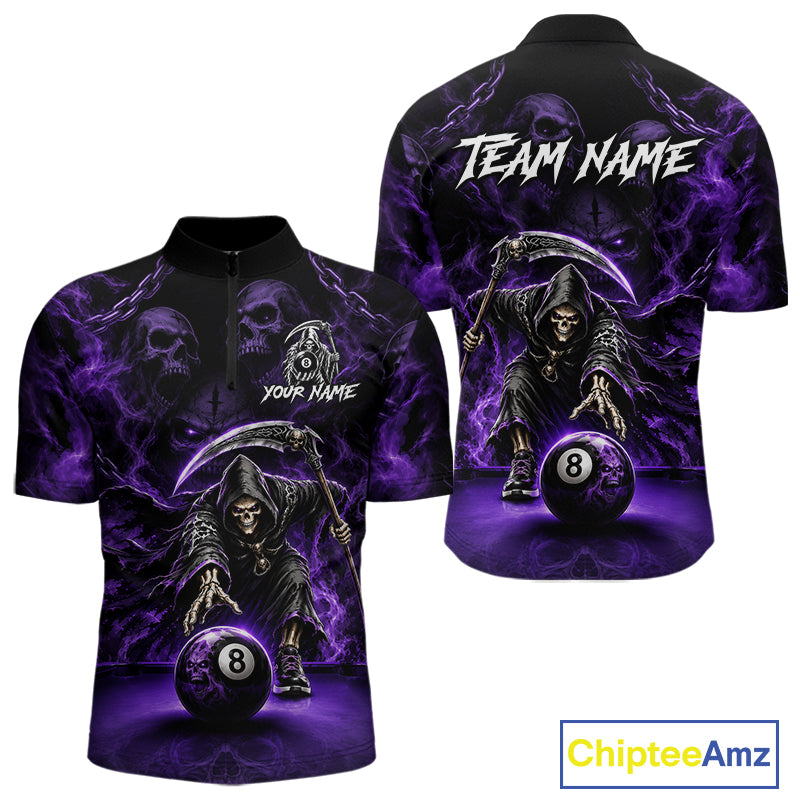 Grim Reaper Billiard Shirt For Men Purple Smoke 8 Ball Pool Jersey Custom Name Skull Billiard Shirt NYN4234