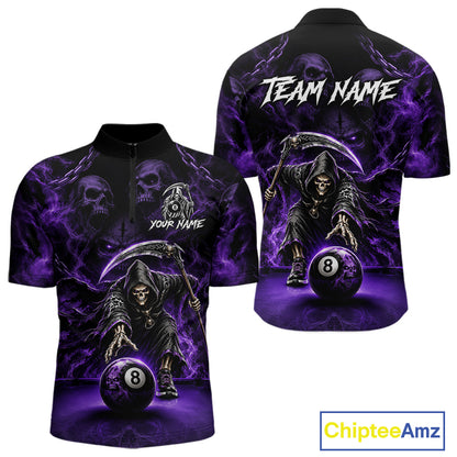 Grim Reaper Billiard Shirt For Men Purple Smoke 8 Ball Pool Jersey Custom Name Skull Billiard Shirt NYN4234