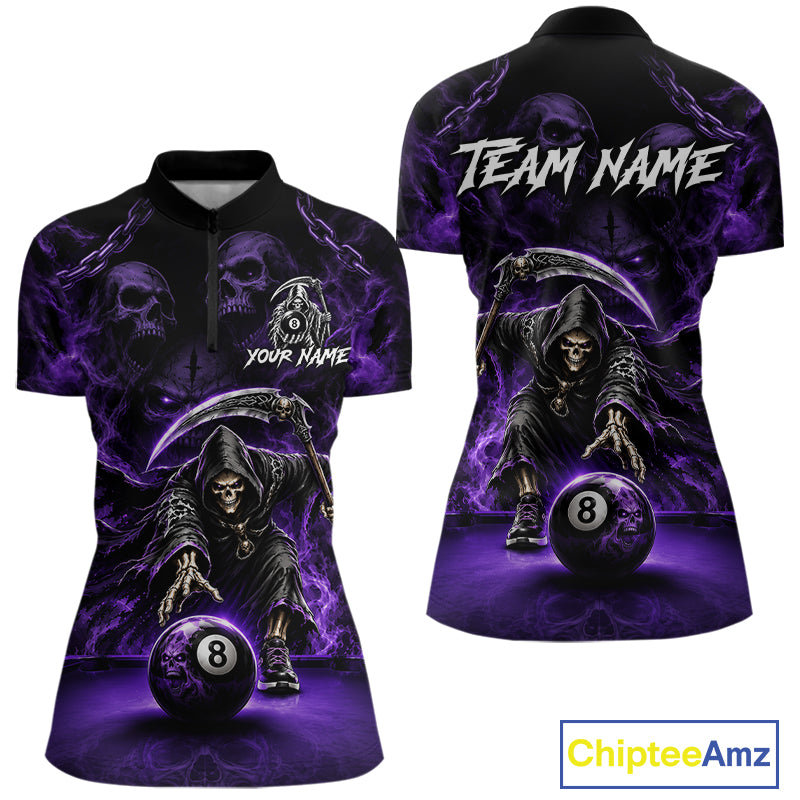 Grim Reaper Billiard Shirt For Women Purple Smoke 8 Ball Pool Jersey Custom Name Skull Billiard Shirt NYN4234