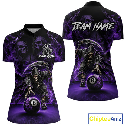 Grim Reaper Billiard Shirt For Women Purple Smoke 8 Ball Pool Jersey Custom Name Skull Billiard Shirt NYN4234
