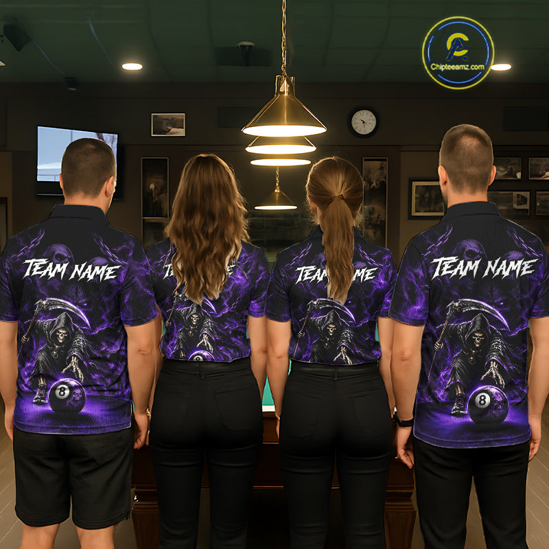Grim Reaper Billiard Shirt For Women Purple Smoke 8 Ball Pool Jersey Custom Name Skull Billiard Shirt NYN4234