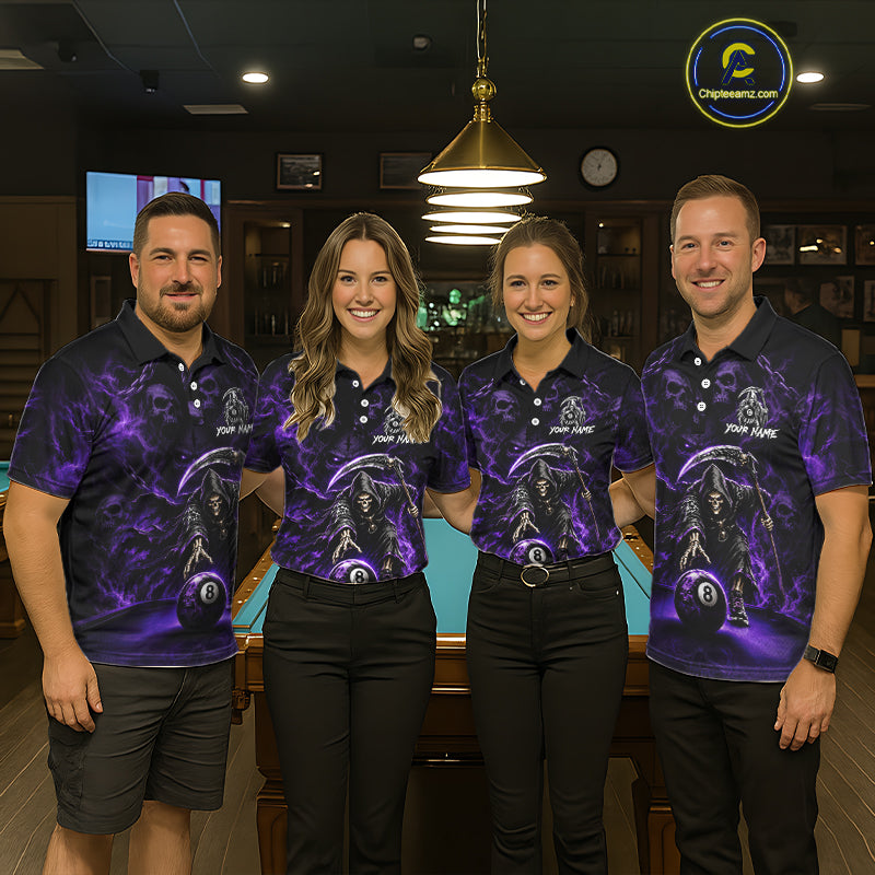 Grim Reaper Billiard Shirt For Women Purple Smoke 8 Ball Pool Jersey Custom Name Skull Billiard Shirt NYN4234