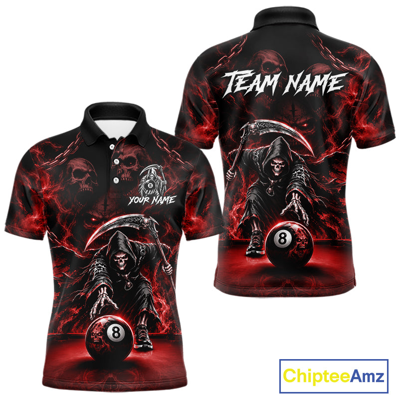 Grim Reaper Billiard Shirt For Men Red Smoke 8 Ball Pool Jersey Custom Name Skull Billiard Shirt NYN4235