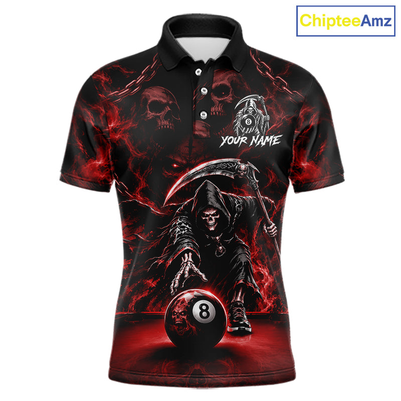 Grim Reaper Billiard Shirt For Men Red Smoke 8 Ball Pool Jersey Custom Name Skull Billiard Shirt NYN4235