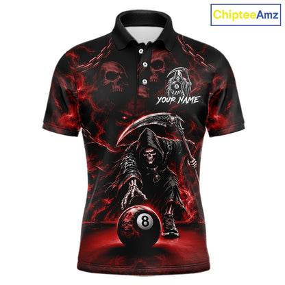 Grim Reaper Billiard Shirt For Men Red Smoke 8 Ball Pool Jersey Custom Name Skull Billiard Shirt NYN4235