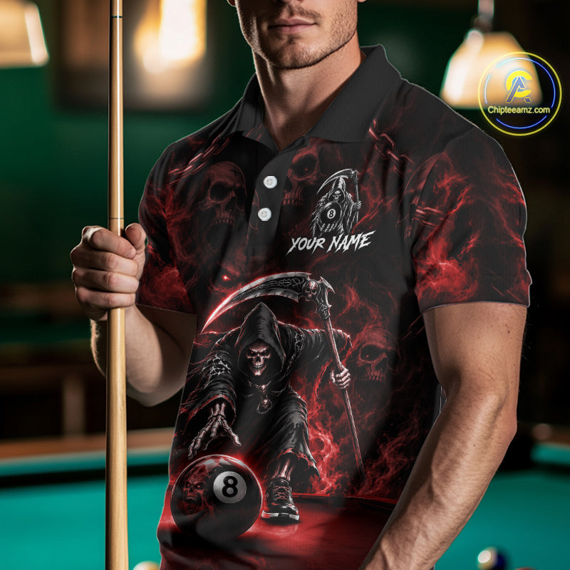 Grim Reaper Billiard Shirt For Men Red Smoke 8 Ball Pool Jersey Custom Name Skull Billiard Shirt NYN4235