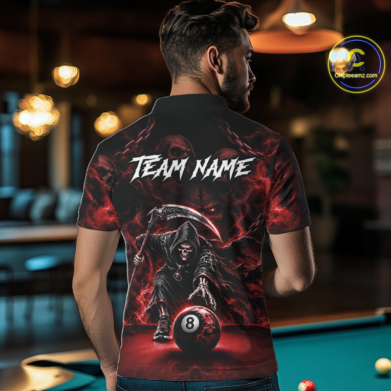 Grim Reaper Billiard Shirt For Men Red Smoke 8 Ball Pool Jersey Custom Name Skull Billiard Shirt NYN4235