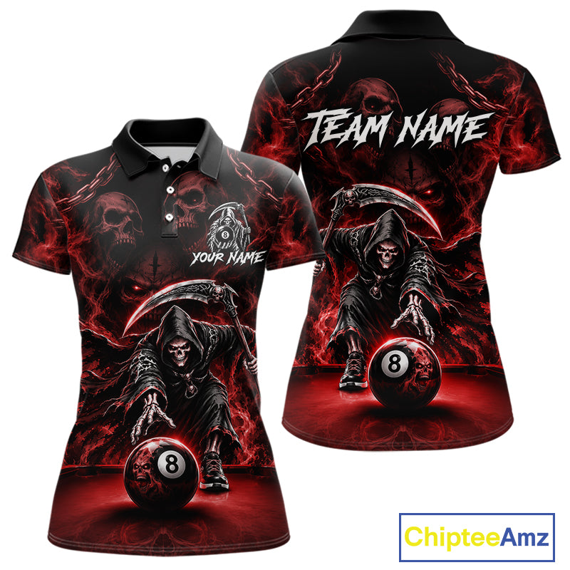 Grim Reaper Billiard Shirt For Women Red Smoke 8 Ball Pool Jersey Custom Name Skull Billiard Shirt NYN4235