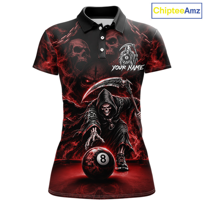 Grim Reaper Billiard Shirt For Women Red Smoke 8 Ball Pool Jersey Custom Name Skull Billiard Shirt NYN4235