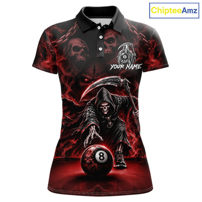 Grim Reaper Billiard Shirt For Women Red Smoke 8 Ball Pool Jersey Custom Name Skull Billiard Shirt NYN4235