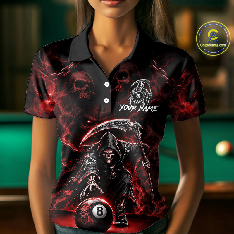 Grim Reaper Billiard Shirt For Women Red Smoke 8 Ball Pool Jersey Custom Name Skull Billiard Shirt NYN4235