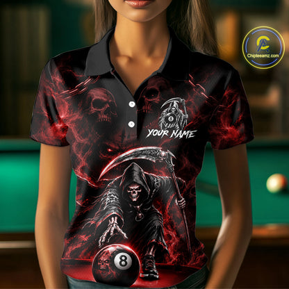 Grim Reaper Billiard Shirt For Women Red Smoke 8 Ball Pool Jersey Custom Name Skull Billiard Shirt NYN4235