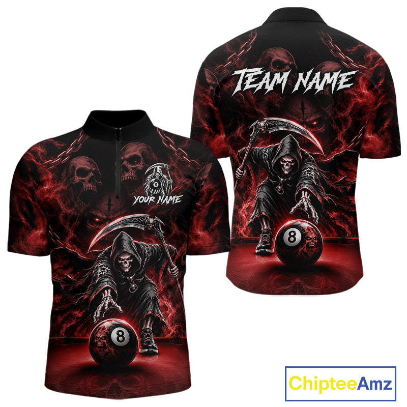 Grim Reaper Billiard Shirt For Men Red Smoke 8 Ball Pool Jersey Custom Name Skull Billiard Shirt NYN4235