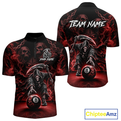 Grim Reaper Billiard Shirt For Men Red Smoke 8 Ball Pool Jersey Custom Name Skull Billiard Shirt NYN4235