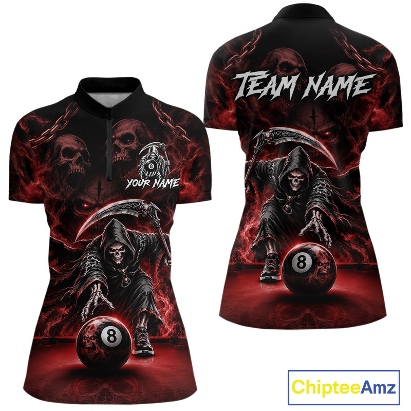 Grim Reaper Billiard Shirt For Women Red Smoke 8 Ball Pool Jersey Custom Name Skull Billiard Shirt NYN4235