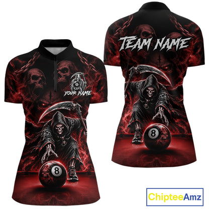 Grim Reaper Billiard Shirt For Women Red Smoke 8 Ball Pool Jersey Custom Name Skull Billiard Shirt NYN4235