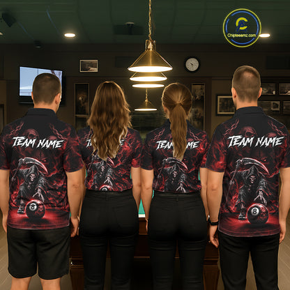 Grim Reaper Billiard Shirt For Men Red Smoke 8 Ball Pool Jersey Custom Name Skull Billiard Shirt NYN4235