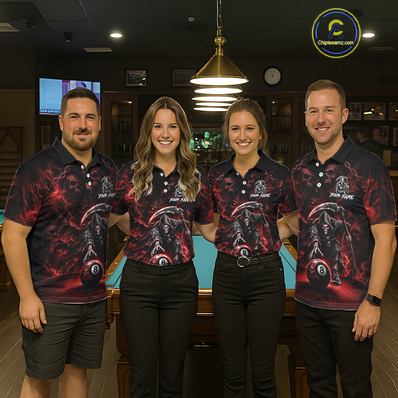 Grim Reaper Billiard Shirt For Men Red Smoke 8 Ball Pool Jersey Custom Name Skull Billiard Shirt NYN4235