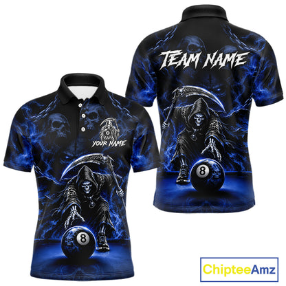 Grim Reaper Billiard Shirt For Men Blue Smoke 8 Ball Pool Jersey Custom Name Skull Billiard Shirt NYN4236