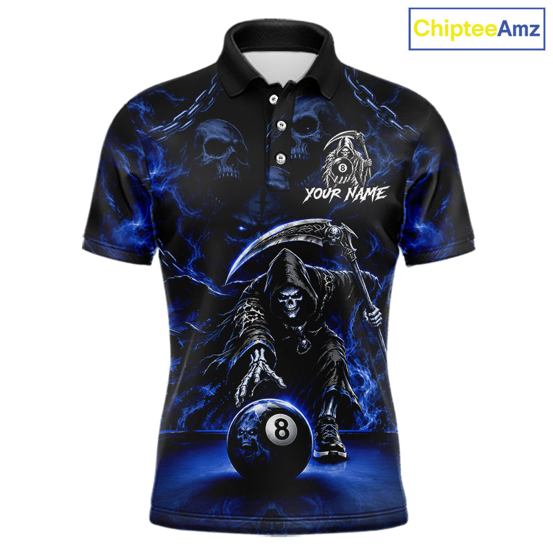 Grim Reaper Billiard Shirt For Men Blue Smoke 8 Ball Pool Jersey Custom Name Skull Billiard Shirt NYN4236