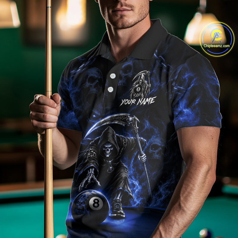 Grim Reaper Billiard Shirt For Men Blue Smoke 8 Ball Pool Jersey Custom Name Skull Billiard Shirt NYN4236