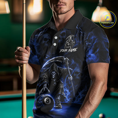 Grim Reaper Billiard Shirt For Men Blue Smoke 8 Ball Pool Jersey Custom Name Skull Billiard Shirt NYN4236