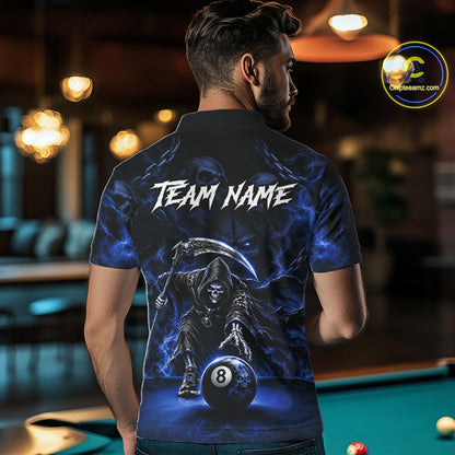 Grim Reaper Billiard Shirt For Men Blue Smoke 8 Ball Pool Jersey Custom Name Skull Billiard Shirt NYN4236