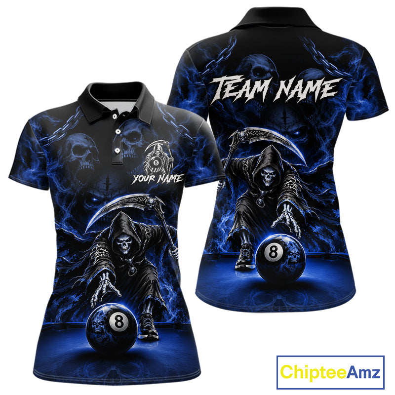 Grim Reaper Billiard Shirt For Women Blue Smoke 8 Ball Pool Jersey Custom Name Skull Billiard Shirt NYN4236
