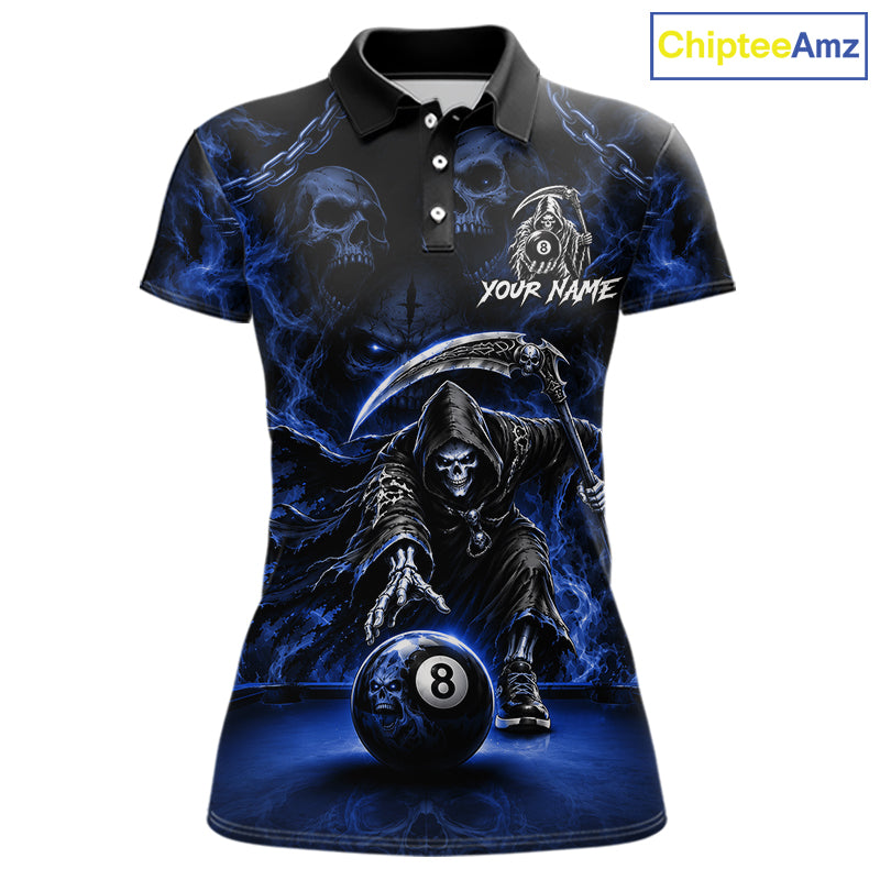 Grim Reaper Billiard Shirt For Women Blue Smoke 8 Ball Pool Jersey Custom Name Skull Billiard Shirt NYN4236