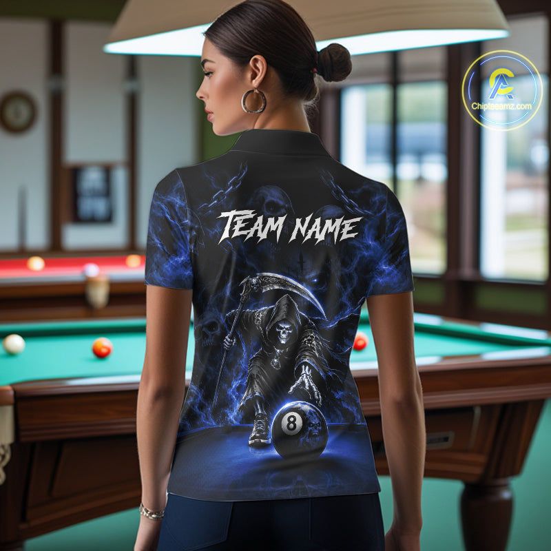 Grim Reaper Billiard Shirt For Women Blue Smoke 8 Ball Pool Jersey Custom Name Skull Billiard Shirt NYN4236