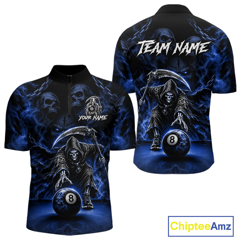 Grim Reaper Billiard Shirt For Men Blue Smoke 8 Ball Pool Jersey Custom Name Skull Billiard Shirt NYN4236