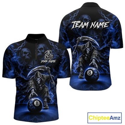 Grim Reaper Billiard Shirt For Men Blue Smoke 8 Ball Pool Jersey Custom Name Skull Billiard Shirt NYN4236