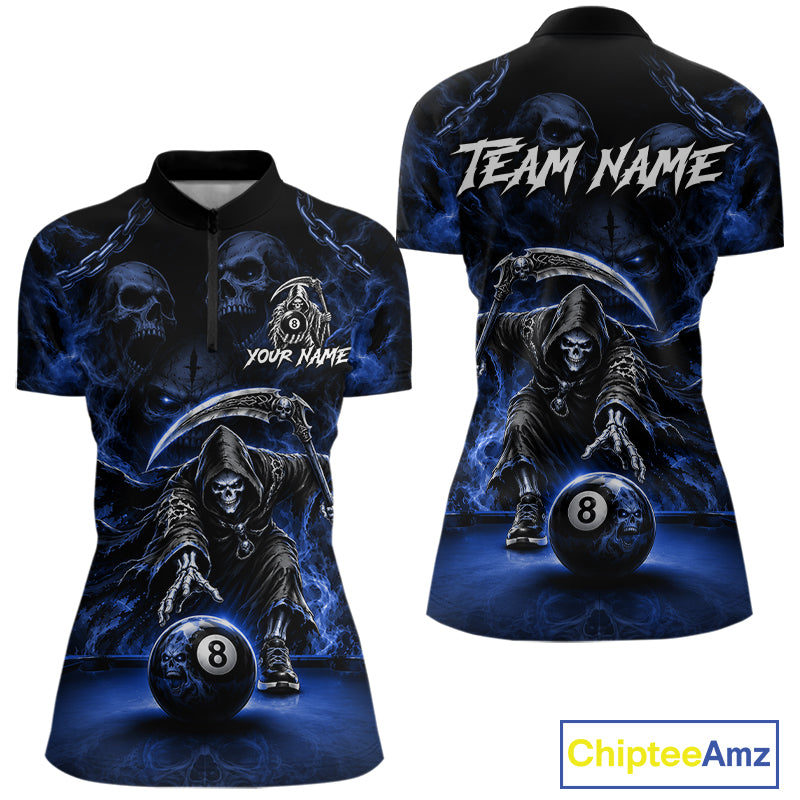 Grim Reaper Billiard Shirt For Women Blue Smoke 8 Ball Pool Jersey Custom Name Skull Billiard Shirt NYN4236