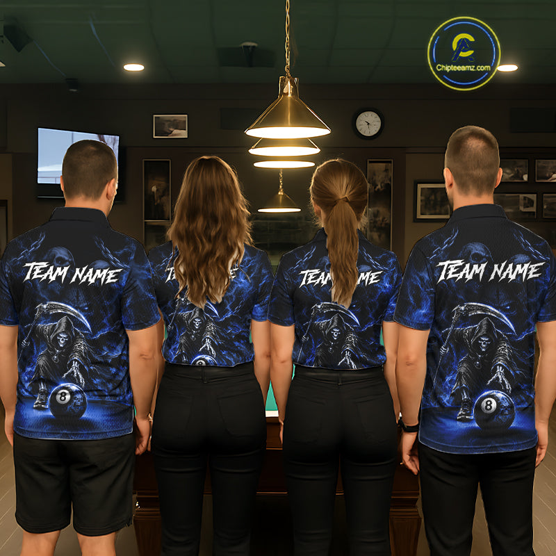 Grim Reaper Billiard Shirt For Men Blue Smoke 8 Ball Pool Jersey Custom Name Skull Billiard Shirt NYN4236