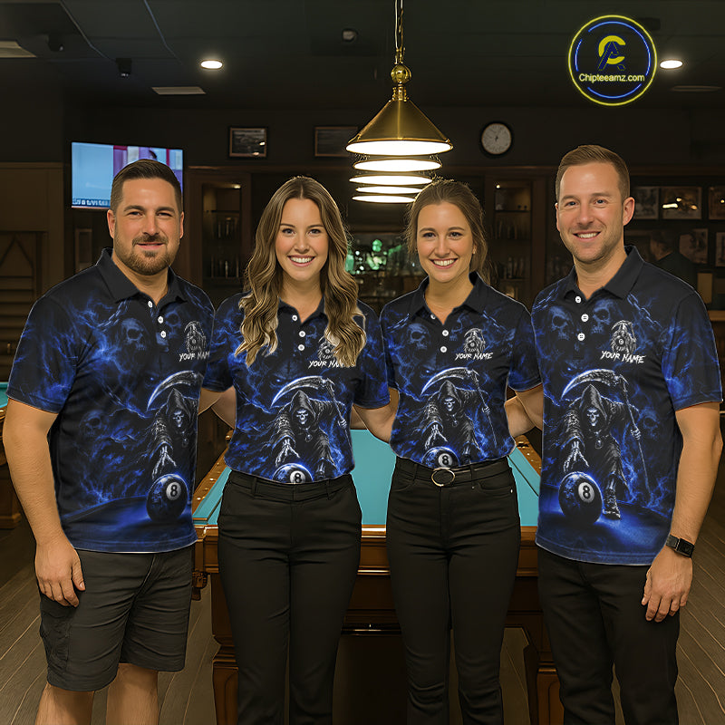 Grim Reaper Billiard Shirt For Men Blue Smoke 8 Ball Pool Jersey Custom Name Skull Billiard Shirt NYN4236