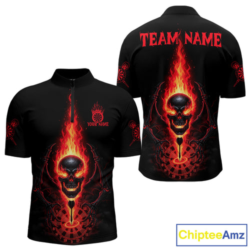 Skeleton Fire Flame Dartboard Custom Mens Quarter-Zip Dart Shirt Red Skull Dart Jerseys NYN1769