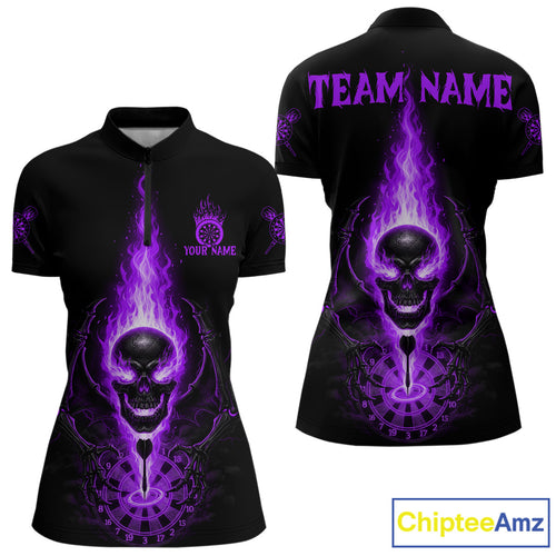 Skeleton Fire Flame Dartboard Custom Women Quarter-Zip Dart Shirt Purple Skull Dart Jerseys NYN1770
