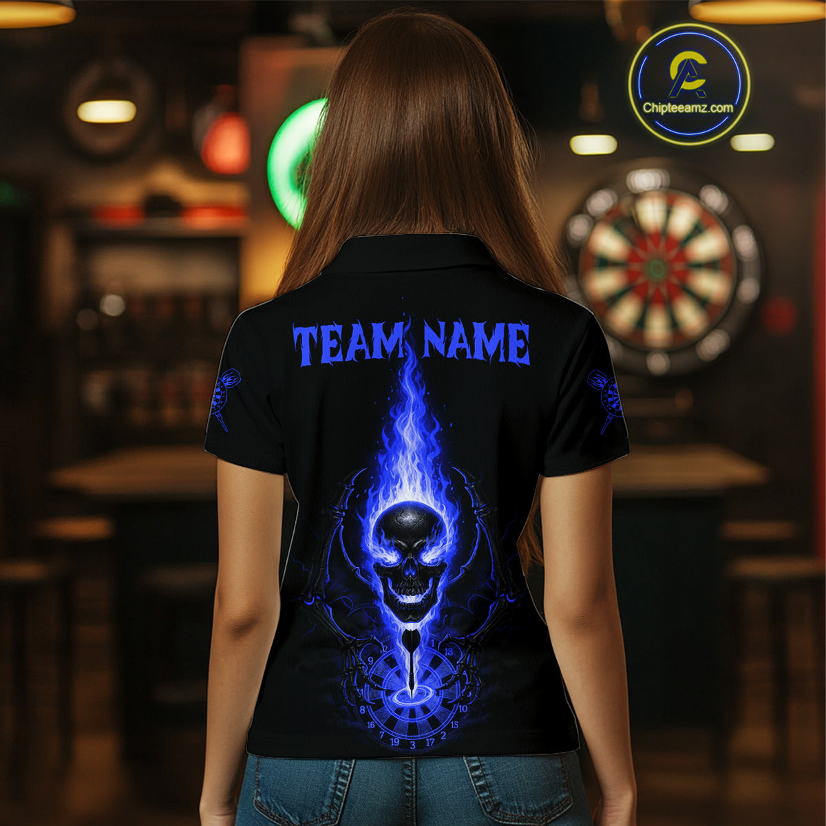 Skeleton Fire Flame Dartboard Custom Women Polo Dart Shirt Blue Skull Dart Jerseys NYN1771