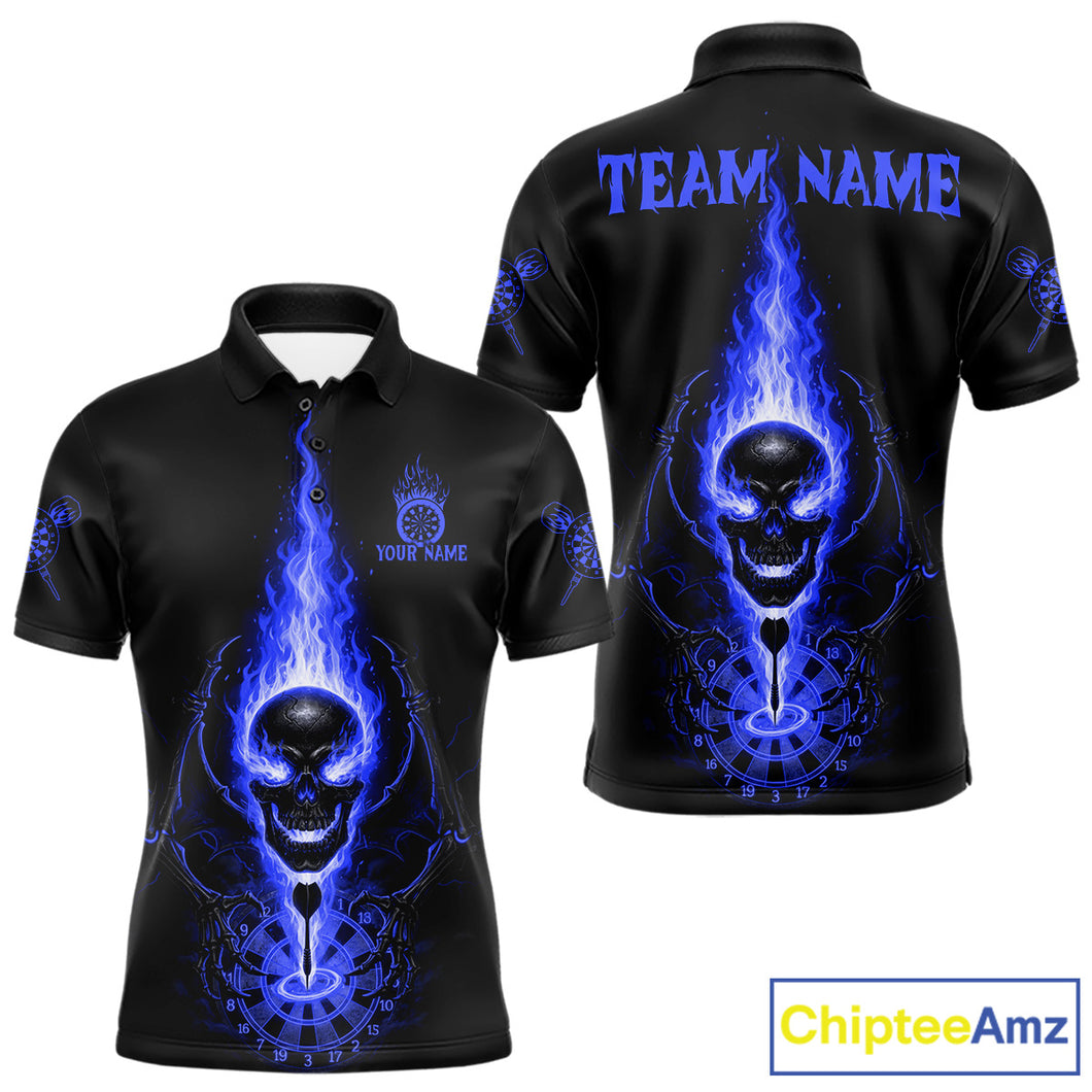 Skeleton Fire Flame Dartboard Custom Mens Polo Dart Shirt Blue Skull Dart Jerseys NYN1771