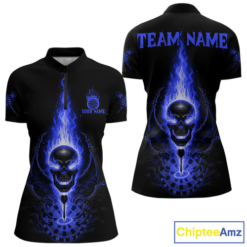 Skeleton Fire Flame Dartboard Custom Women Quarter-Zip Dart Shirt Blue Skull Dart Jerseys NYN1771