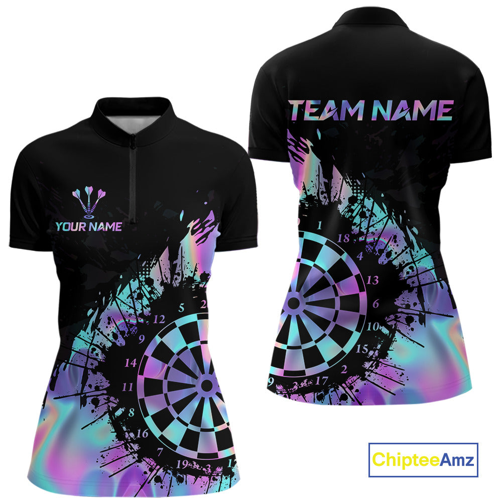 Purple Holographic Dartboard Grunge Dart Quarter-Zip Shirts For Women Custom Name For Darters NYN2282