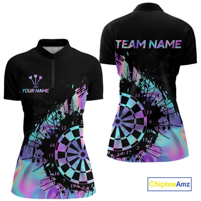 Purple Holographic Dartboard Grunge Dart Quarter-Zip Shirts For Women Custom Name For Darters NYN2282